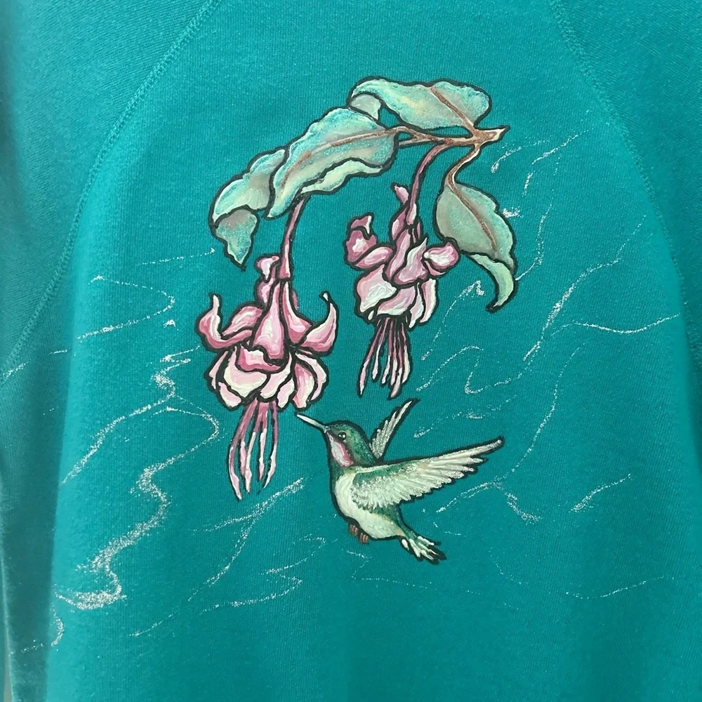 VTG Tultex hand painted hummingbird floral granny sweatshirt grandmacore M